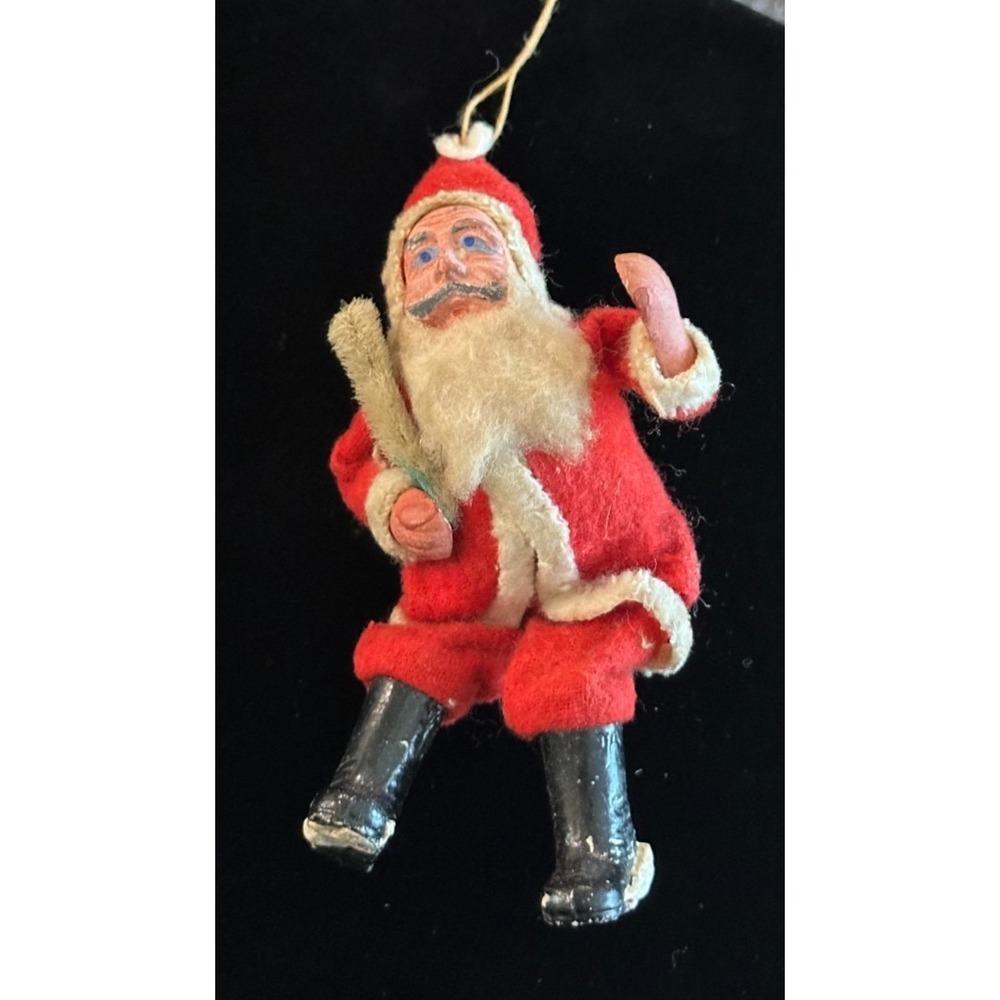 Vintage / Antique Clay Face and Hands Santa Christmas Ornament Felt Suit 5" Long